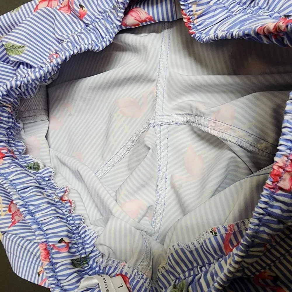 Vintage Summer Men Blue Striped Pink Flamingo Swim Trunks Size L Beach Vacation
